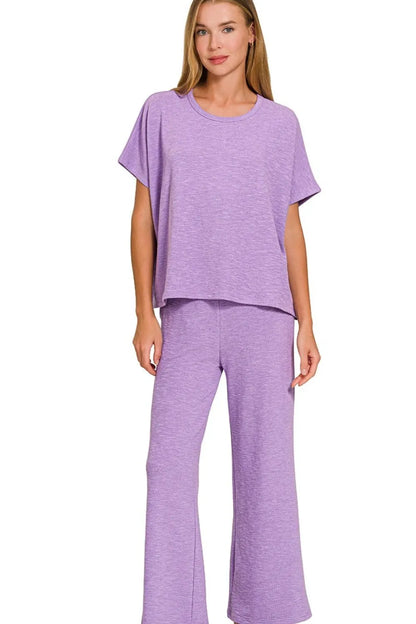 Zenana Cotton Slub Top & Pants Set in Lavender