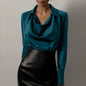 Women's Solid Color Long Sleeve Cowl Neck Blouse With Draped Detail - Elegant Office Formal Shirt For Spring&Fall