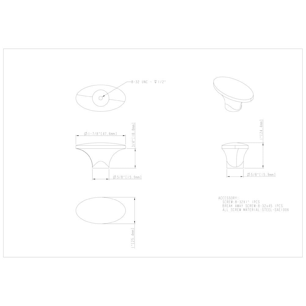 1-7/8" Overall Length Satin Nickel Oval Hudson Cabinet Knob