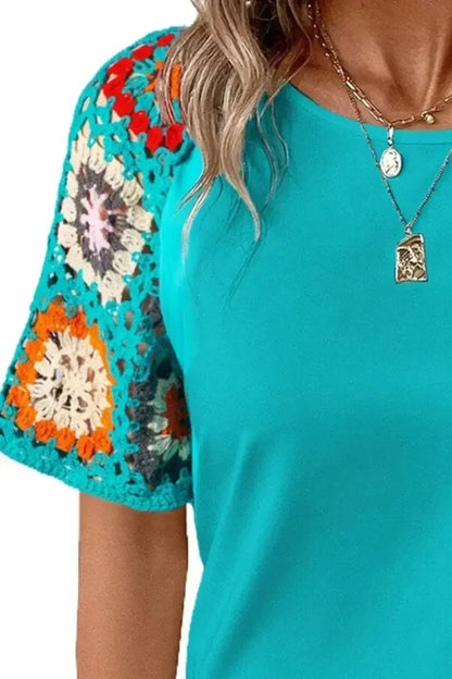 Geometric Round Neck Short Sleeve Blouse | Femstylo