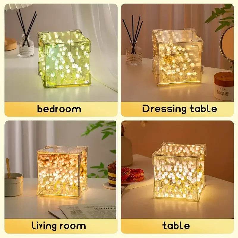 DIY Tulip Mirror Cube Lamp – Handmade Romantic Flower Table Light for Home Decor