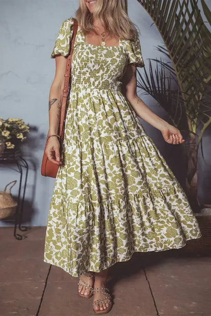 Yellow Boho Floral Print Square Neck Puff Sleeve Tiered Maxi Dress