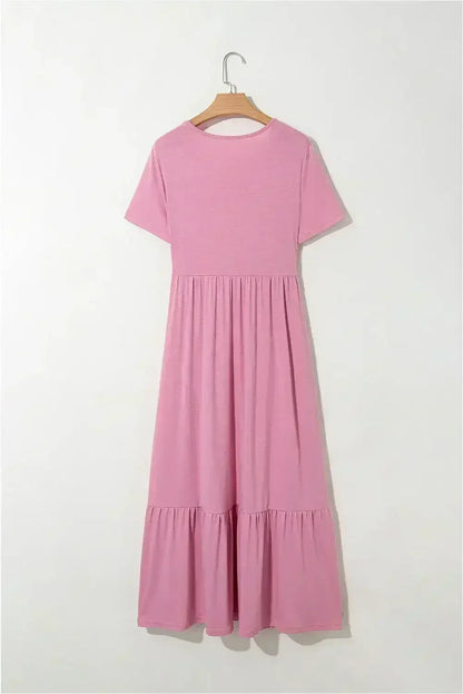 Black Solid Color Short Sleeve High Waist Pocketed Midi Dress