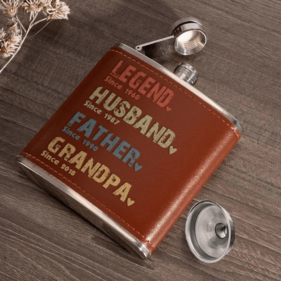 The Amazing Journey Of A Man - Personalized Custom Year Leather Hip Flask - Father's Day Gift for Family Members Grandpa, Dad, Boyfriend, Husband, Uncle