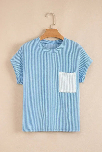 Pink Corded Colorblock Pocket Crew Neck T Shirt