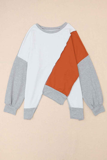 Khaki Colorblock Sweatshirt with Irregular Hem and Long Sleeves Women's Top