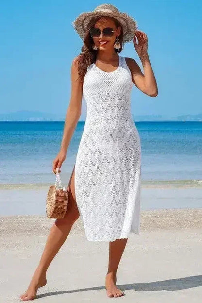 Crochet Beach Coverup Dress – High Split Maxi with U-Neck