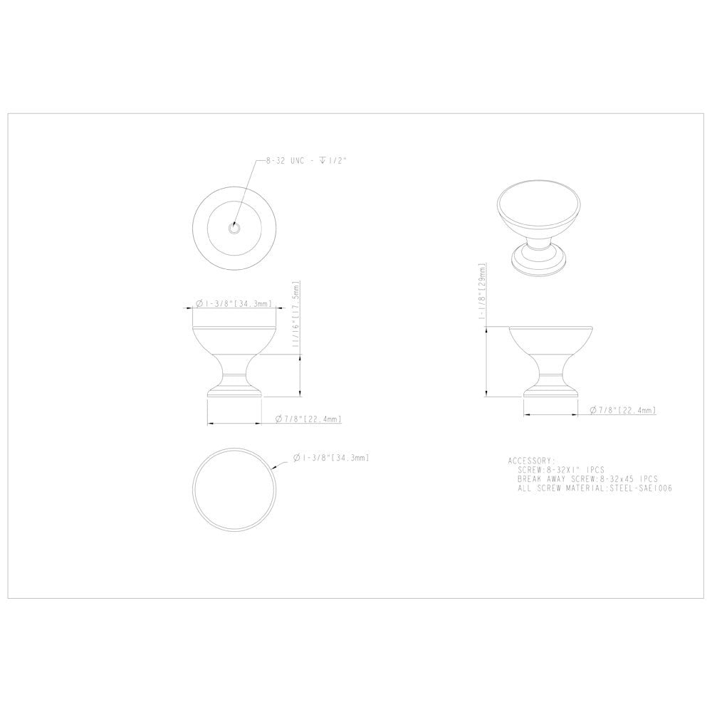 1-1/16" Diameter Polished Chrome Rae Cabinet Knob