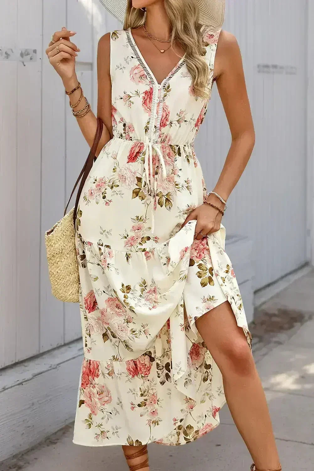 White Floral Print V Neck Sleeveless Tiered Dress