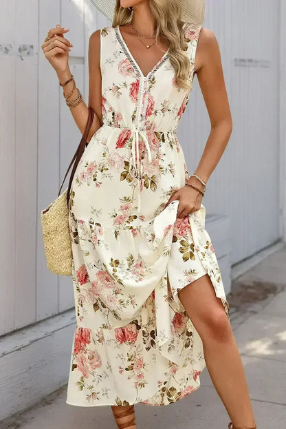 White Floral Print V Neck Sleeveless Tiered Dress