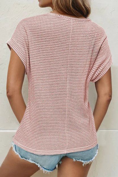 Mist Green Hollow Patchwork Waffle Knit Top