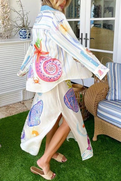 Eurochic Satin Beach Dress with Sea Life Print – Coastal Vacation Vibes