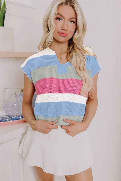 Multicolour Colorblock Notch V Neck Knit T Shirt