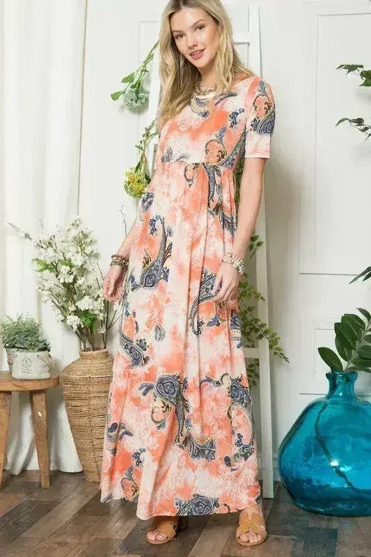Celeste Paisley Print Short Sleeve Maxi Dress with Pockets