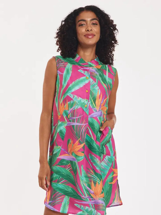 Gabriella Dress – Tropical Leaves in Fuchsia