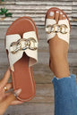 White Metal Buckle One Strap Flat Casual Slippers