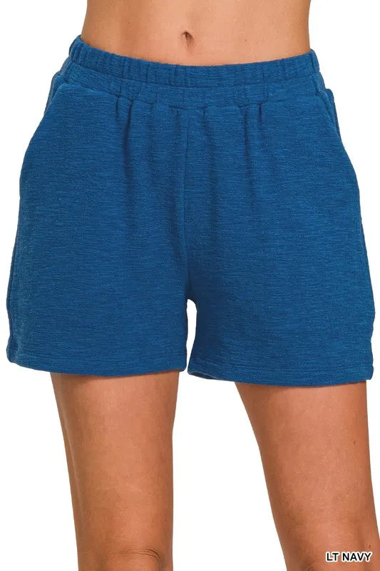 Zenana Cotton Slub Shorts in Navy