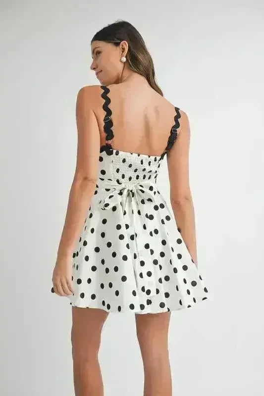 Polka Dot Mini Dress – Ricrac Trim Strap & Smocked Back
