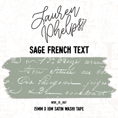 Sage French Text 15mm washi
