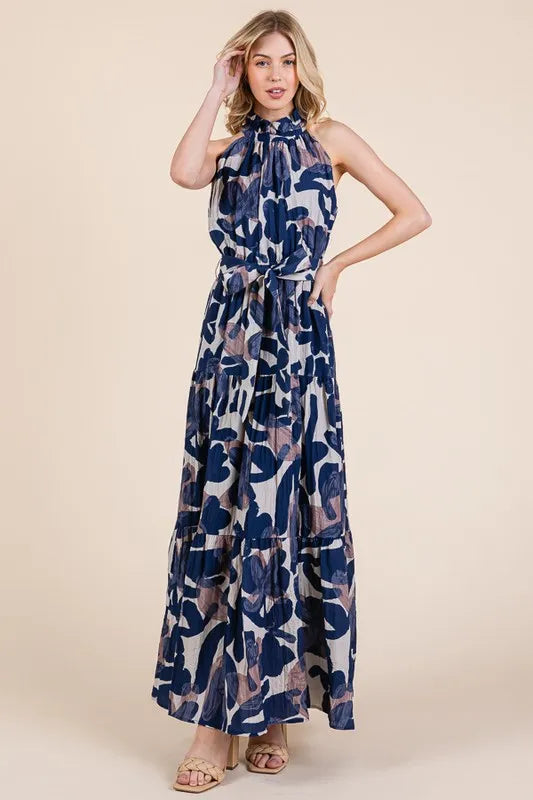 Lime and Chili Maxi Dress - Abstract Halter Neck Tie-Waist Tiered Design