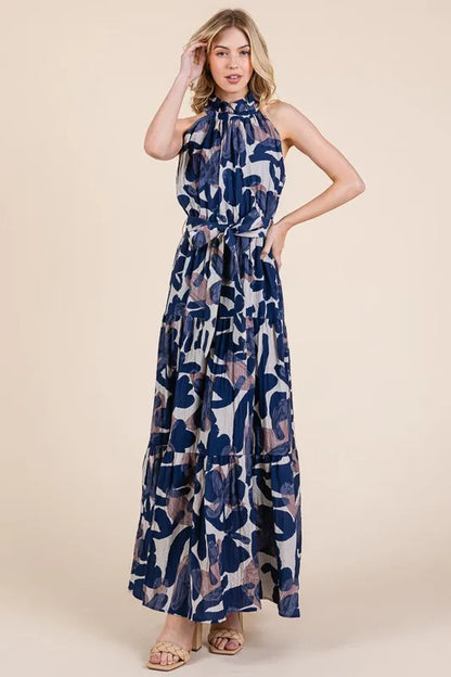 Lime and Chili Maxi Dress - Abstract Halter Neck Tie-Waist Tiered Design