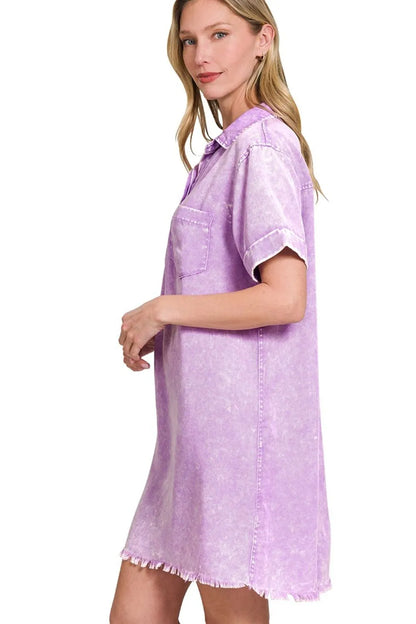 Zenana Tencel Mineral Washed Collared Shirts Dress in Lavender