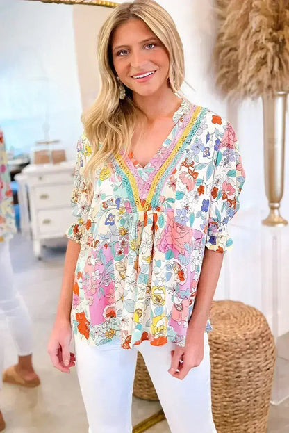 Pink Boho Flower Print Frill Neck Puff Sleeve Blouse | Femstylo