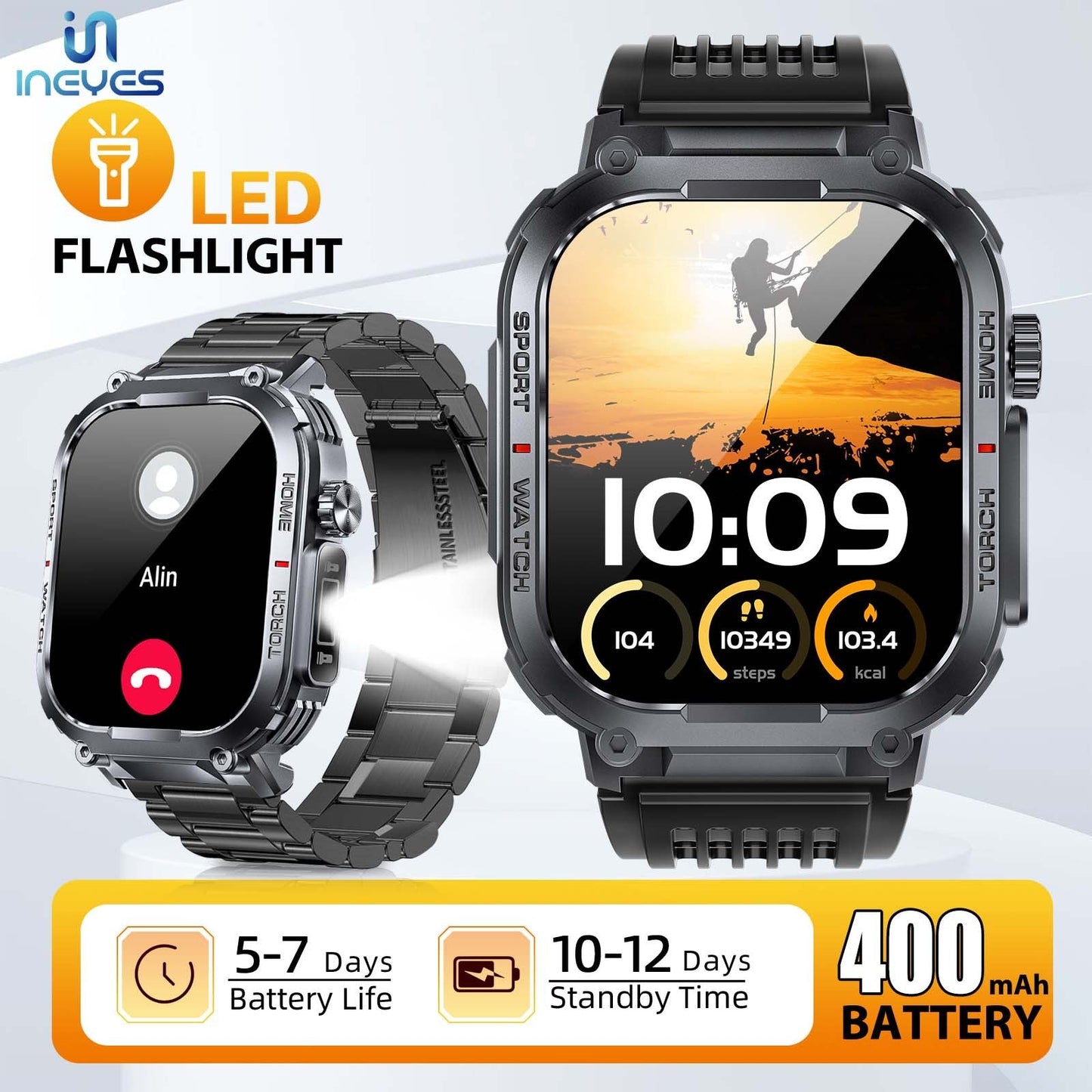 INEYES S320B Sport Modes Smart Watch For Men With LED Flashlight, Women's Smartwatch With Wireless Call, Men's Smartwatches With 2.02-Inch HD Screen