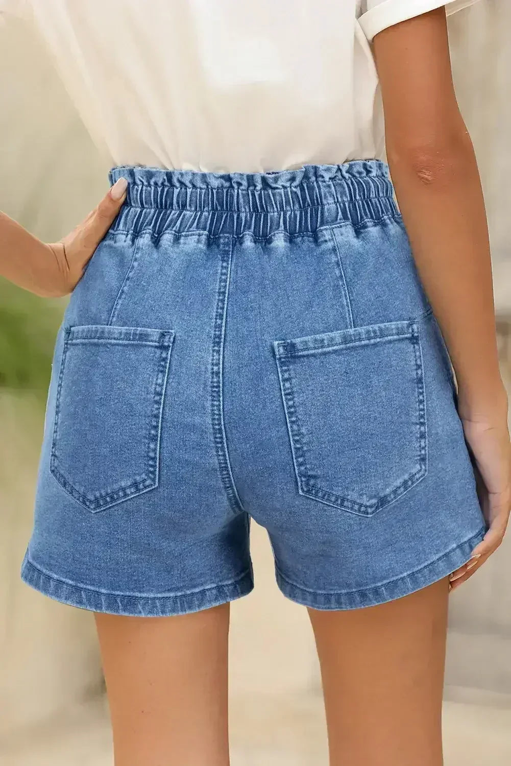 Grey Drawstring High Waist Casual Denim Shorts