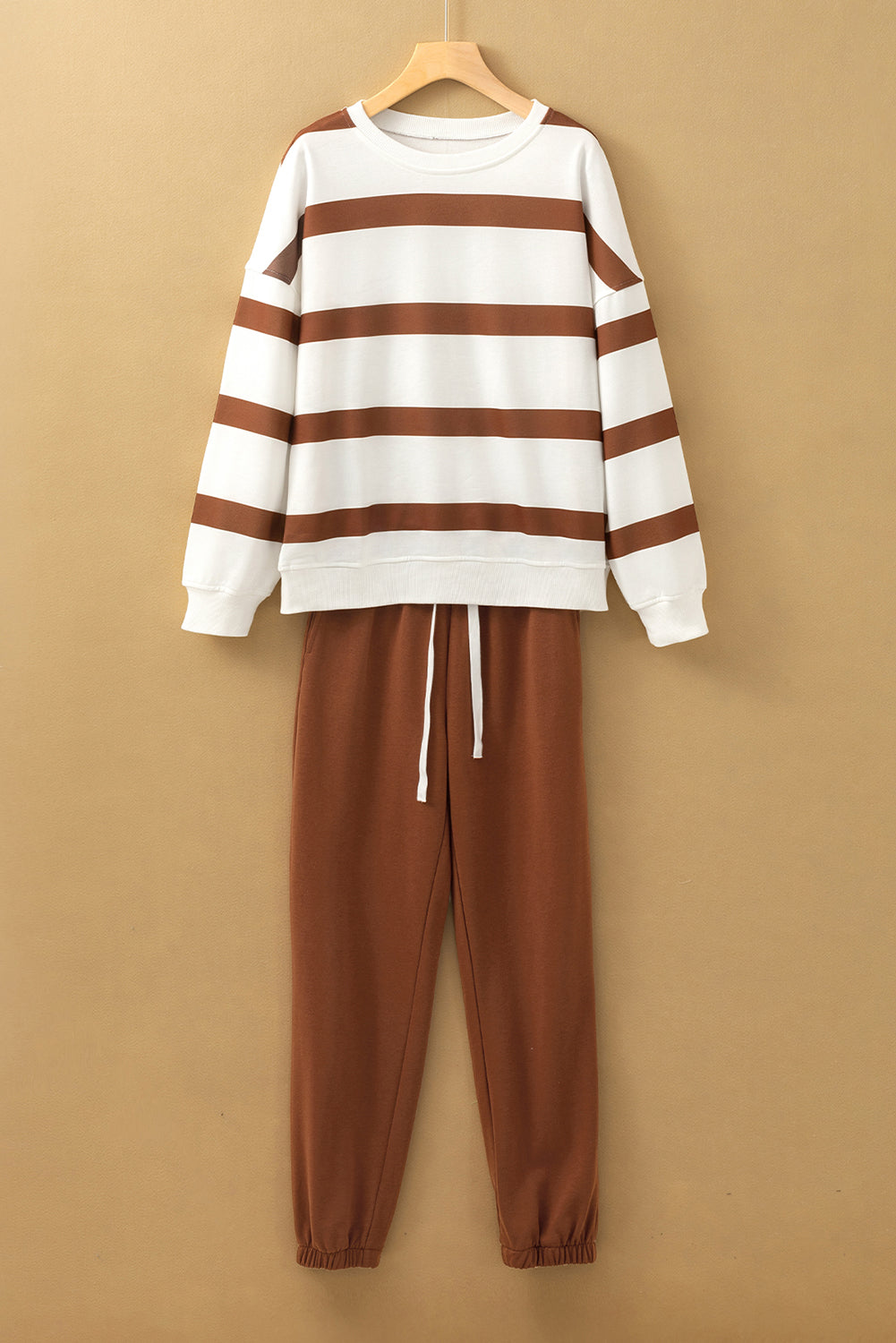 Light French Beige Striped Pullover and Joggers Set for Effortless Style
