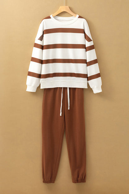 Light French Beige Striped Pullover and Joggers Set for Effortless Style