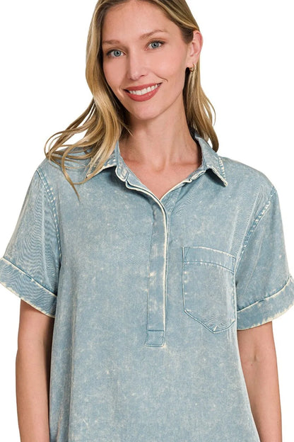 Zenana Tencel Mineral Washed Collared Shirts Dress in Blue Grey
