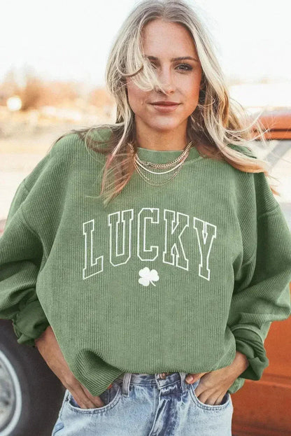 Grass Green LUCKY Clover Drop Shoulder Ribbed St Patrick Sweatshirt