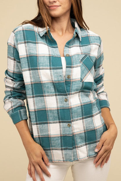 ZENANA Cotton Plaid Shacket With Front Pocket