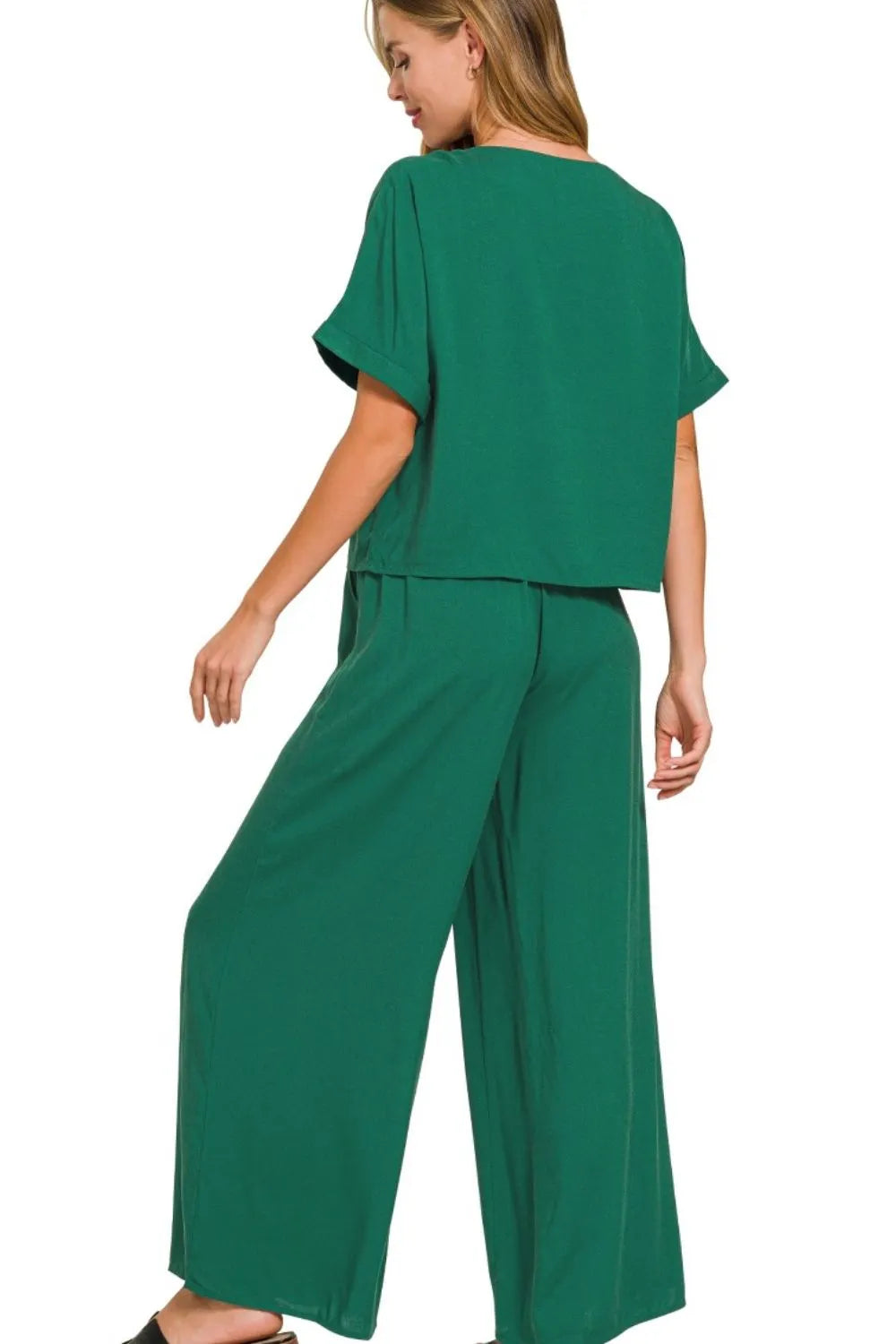 Zenana Round Neck T-Shirt and Wide Leg Pants Set in Green