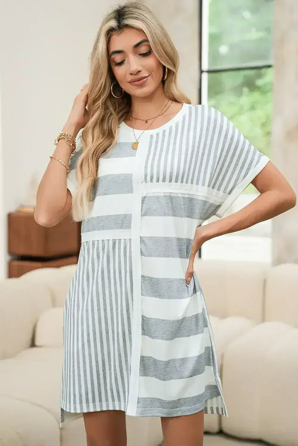 Gray Stripe Mixed Printed Short Sleeve Shift Mini T Shirt Dress