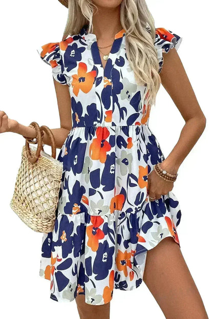 Rose Floral Print Notched Neck Flutter Sleeve Mini Dress