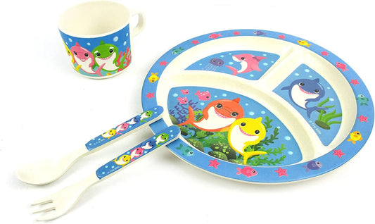 🦈 Shark Family 4-Piece Kids Dinnerware Set – Eco-Friendly, Biodegradable, BPA-Free Plant Fiber Tableware with Plate, Cup, Fork & Spoon – Microwave & Dishwasher Safe – Gift-Boxed for Holidays & Birthdays