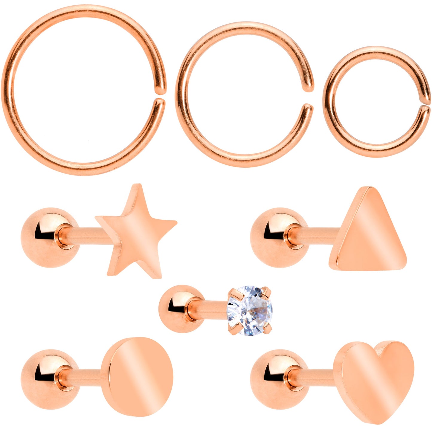 18G Clear CZ Gem Rose Gold Tone Heart Cartilage Tragus Set of 8