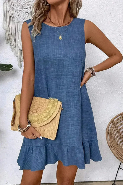 Ashleigh Blue Sleeveless Knot Backless Ruffle Hem Mini Dress