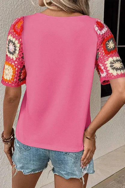 Geometric Round Neck Short Sleeve Blouse | Femstylo
