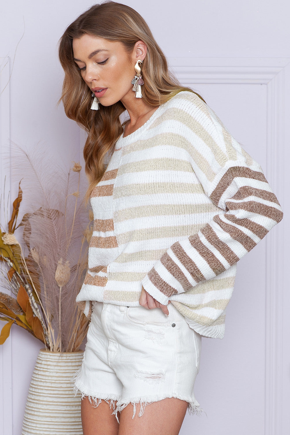 Color Block Striped Sweater Women's Drop Shoulder Pullover Women's Top