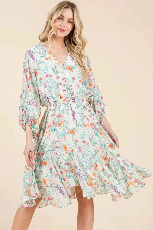 Lime and Chili Dress with Cinched Waist and Balloon Sleeves