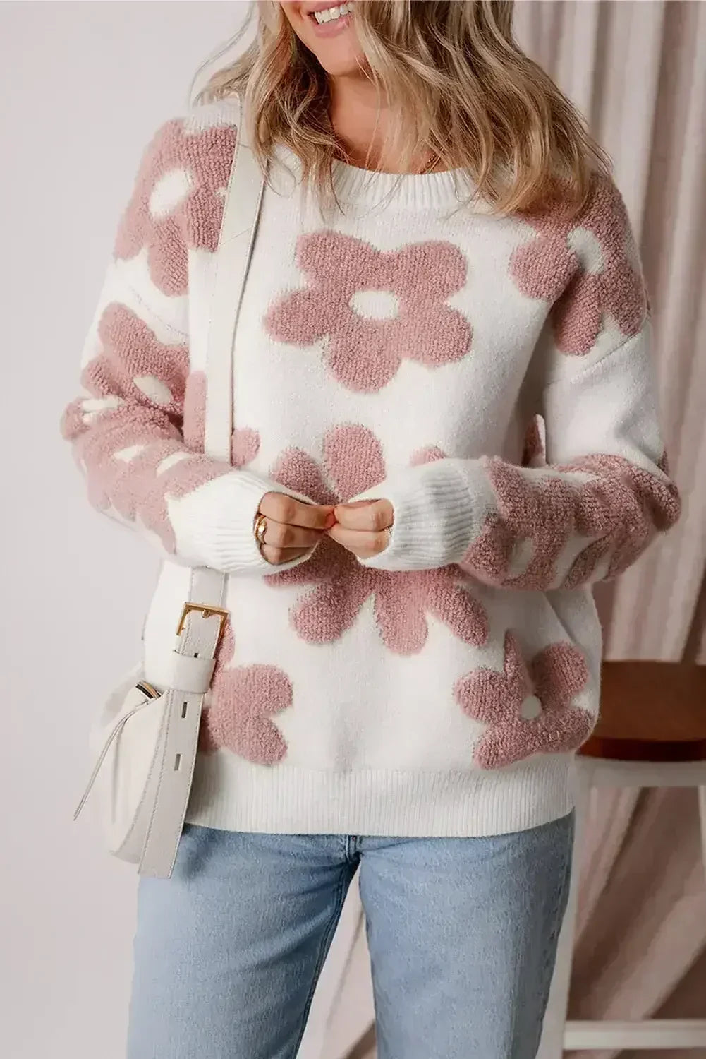 White Vintage Flower Drop Shoulder Loose Sweater