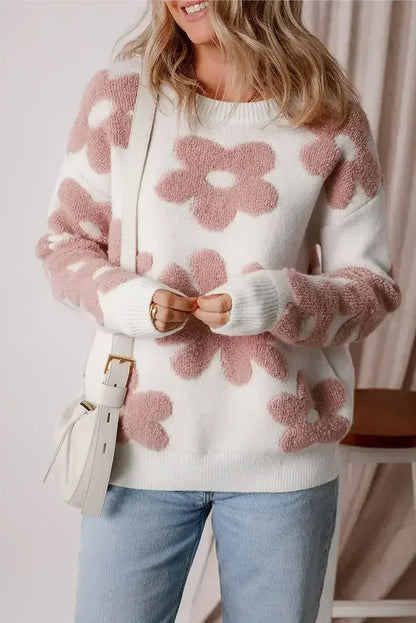 White Vintage Flower Drop Shoulder Loose Sweater