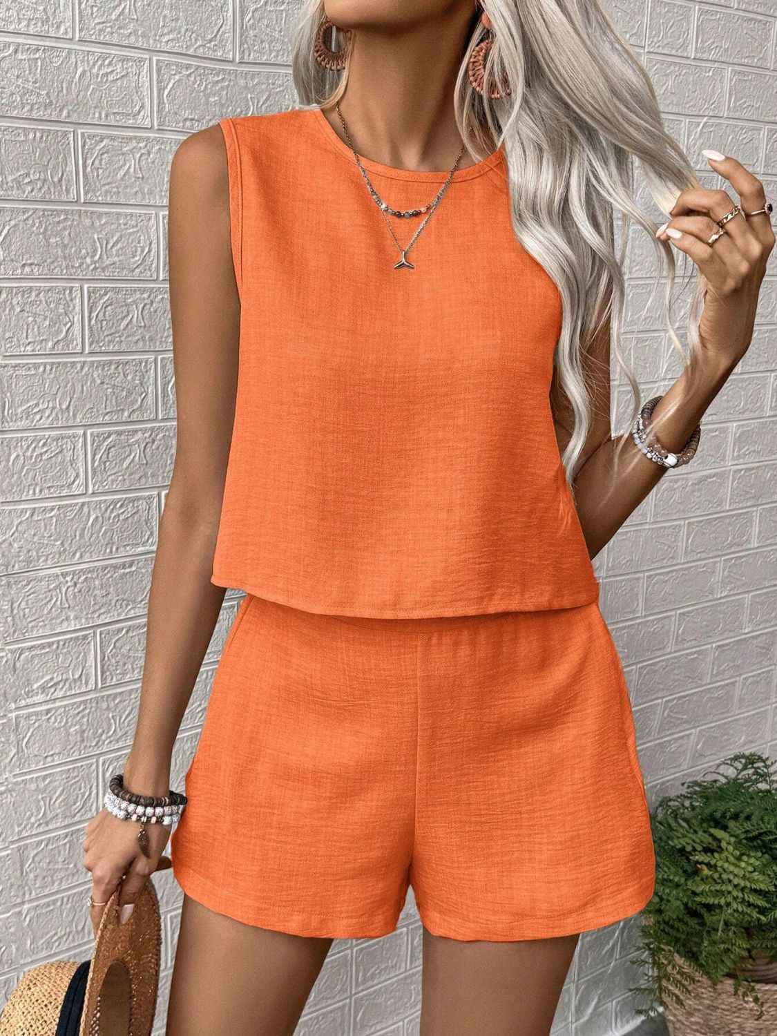 Round Neck Sleeveless Top Set with Shorts for Women