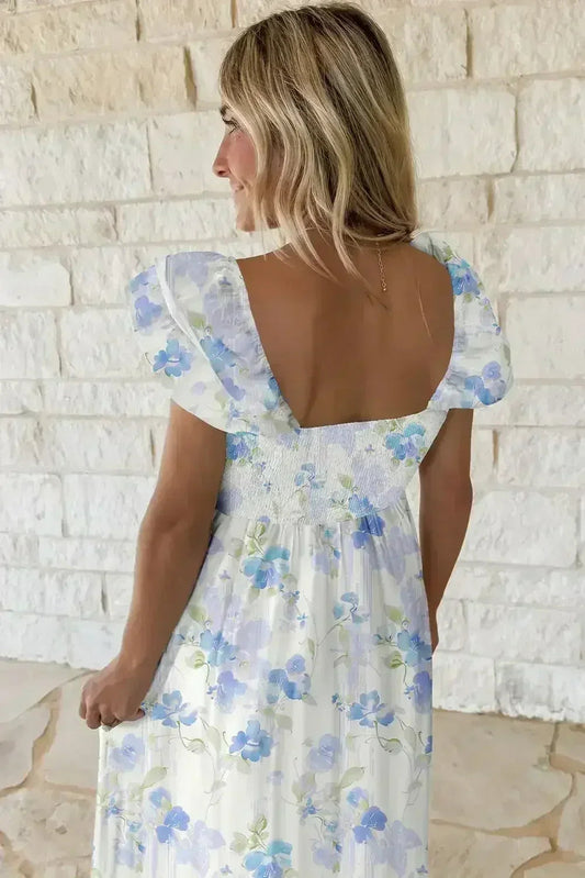 Sky Blue Floral Smocked High Waist Ruffle Sleeveless Long Dress