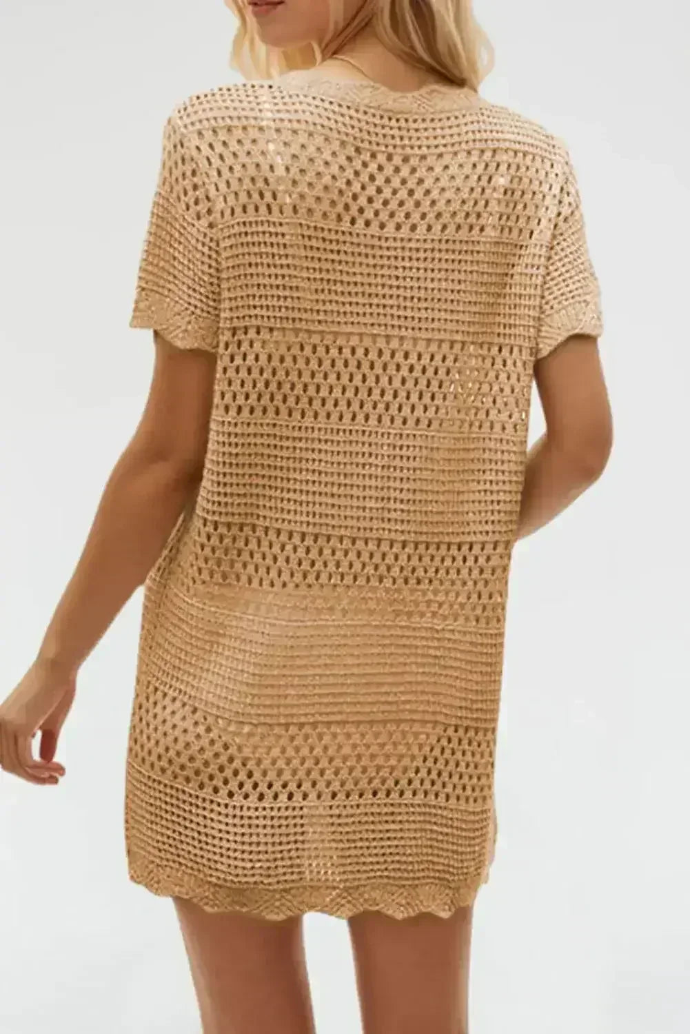 Tan Hollow Out Crochet Short Sleeve Swimsuit Cover Up