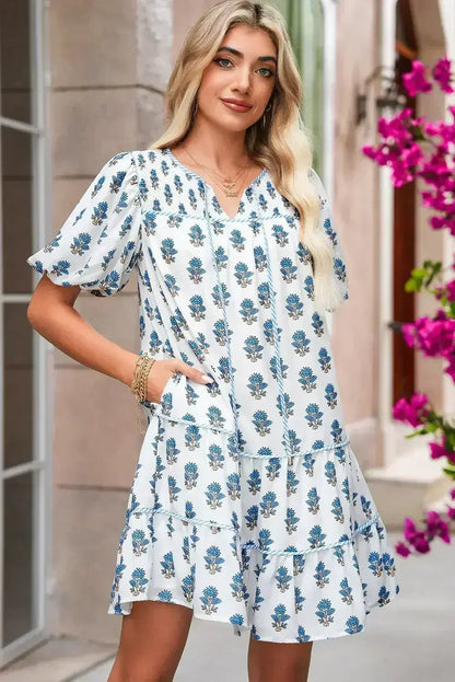 Sky Blue Floral Print Puff Sleeve Tiered Mini Dress