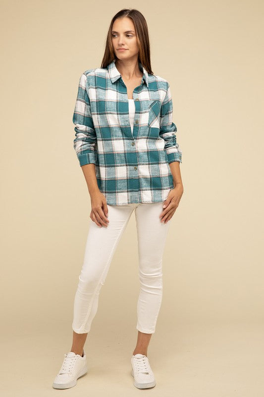 ZENANA Cotton Plaid Shacket With Front Pocket